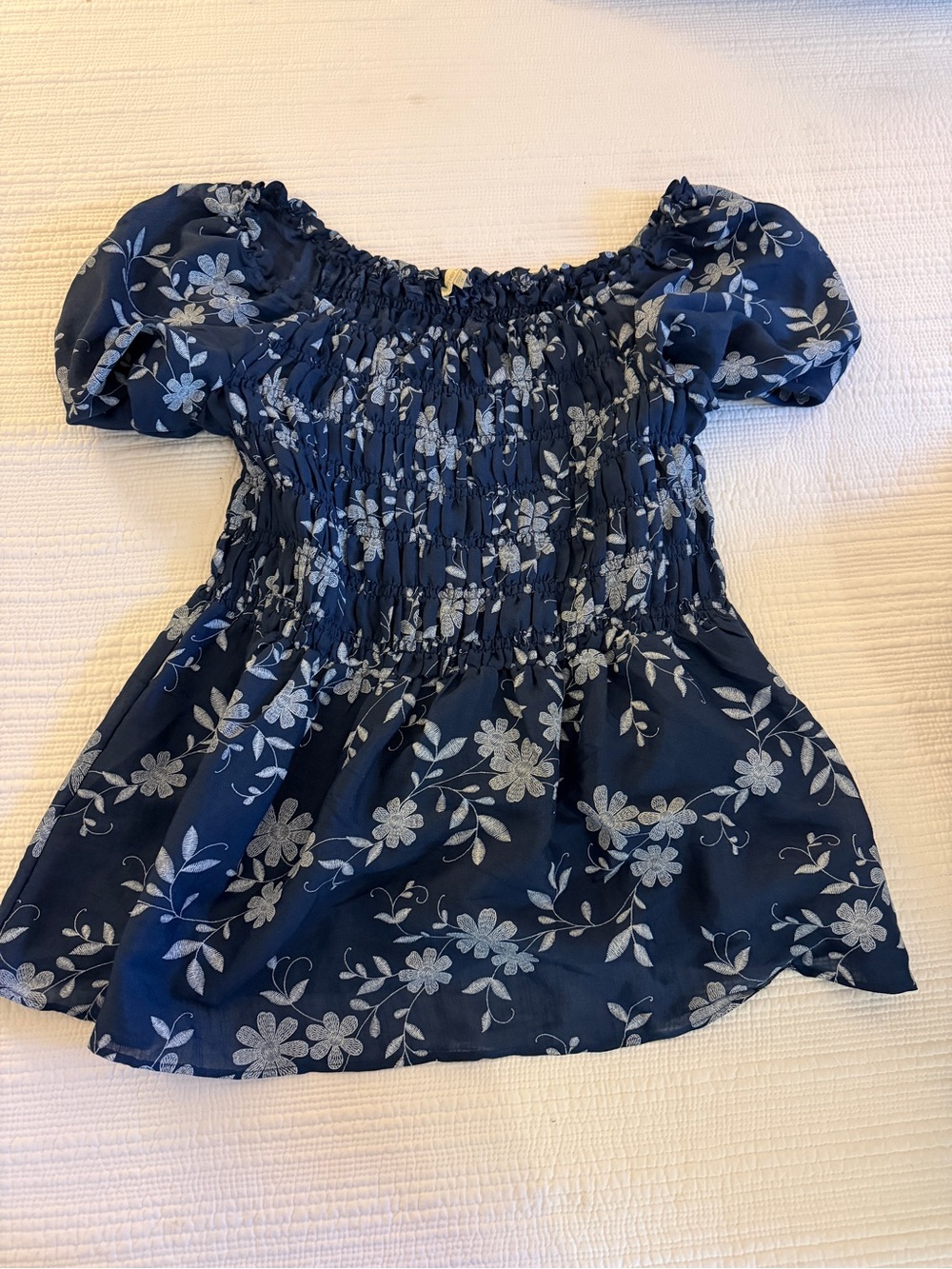 Chenault Navy Floral Smocked Puff-Sleeve Dress